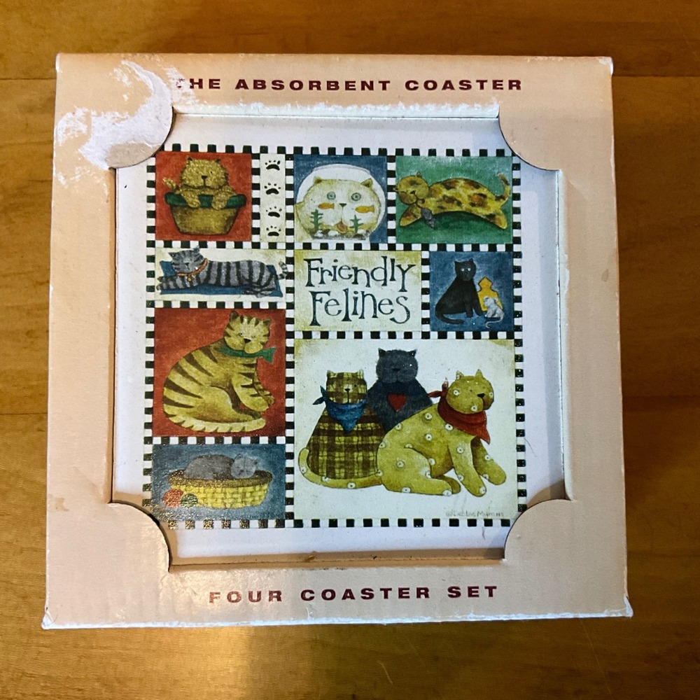 Absorbastone Friendly‎ Felines Four Coaster Set Artist Debbie Mumm Cat Theme